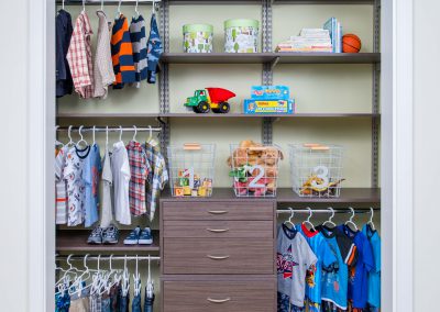 Kids closet shelves, drawers and baskets.